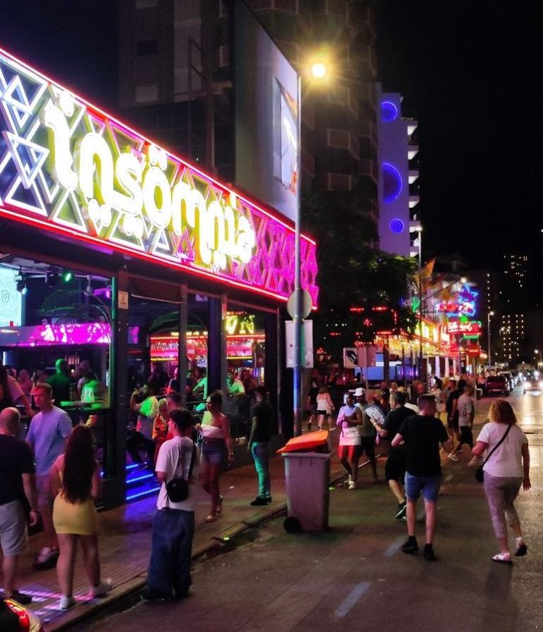 Illuminated bars in Benidorm nightlife area