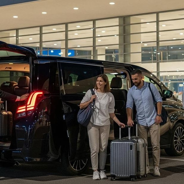 Private airport transfer passengers beside a vehicle